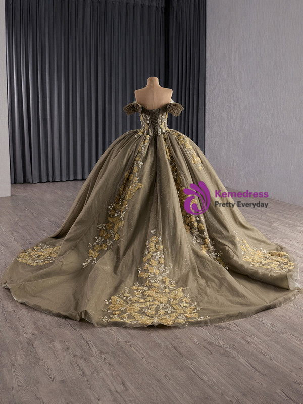 Dark Green Tulle Sequins Pearls Off the Shoulder Prom Dress