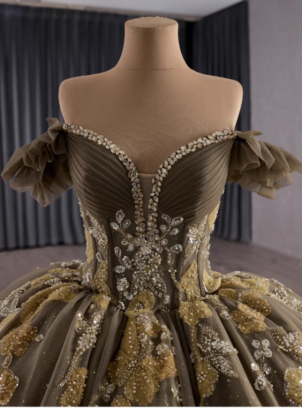 Dark Green Tulle Sequins Pearls Off the Shoulder Prom Dress
