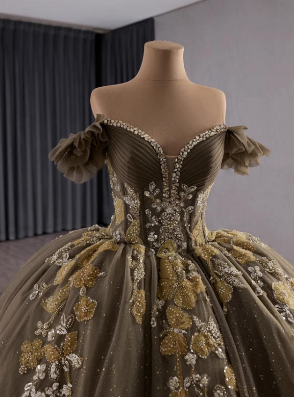 Dark Green Tulle Sequins Pearls Off the Shoulder Prom Dress