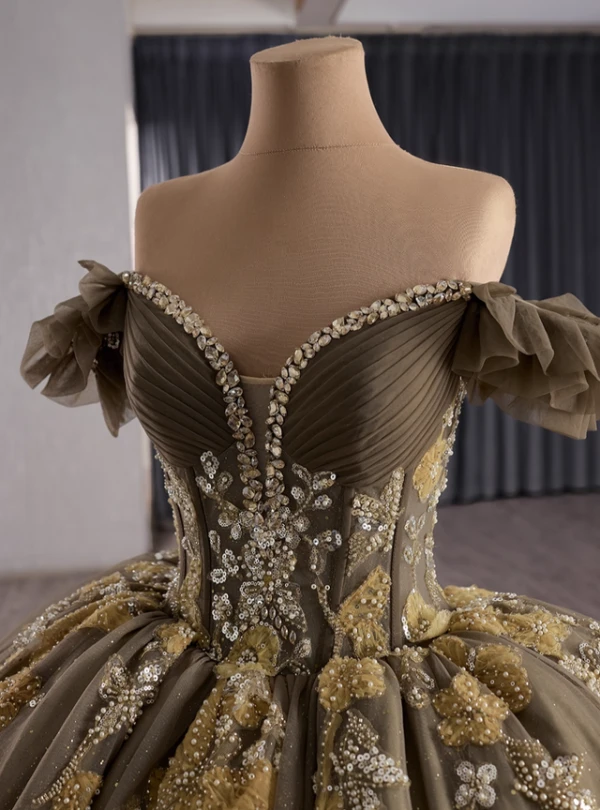 Dark Green Tulle Sequins Pearls Off the Shoulder Prom Dress