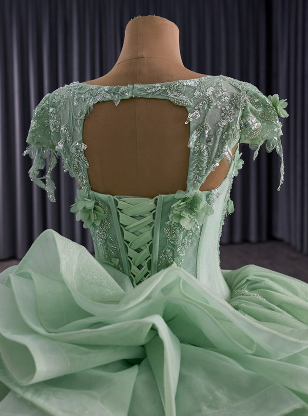 Green Tulle Backless Three-dimensional Flowers Prom Dress