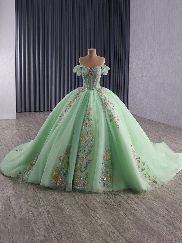 Green Ball Gown Tulle Appliques Prom Dress