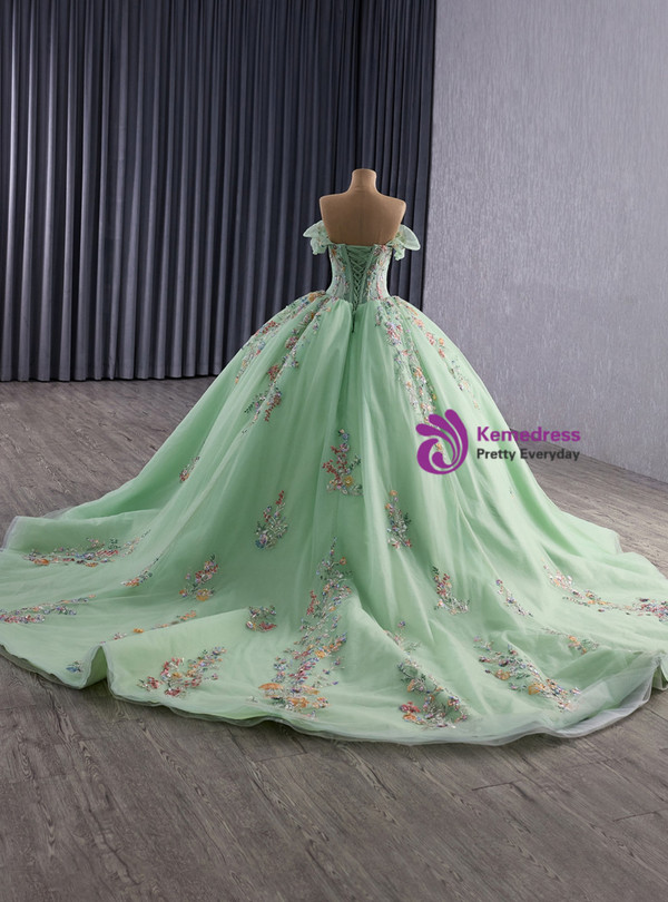 Green Ball Gown Tulle Appliques Prom Dress