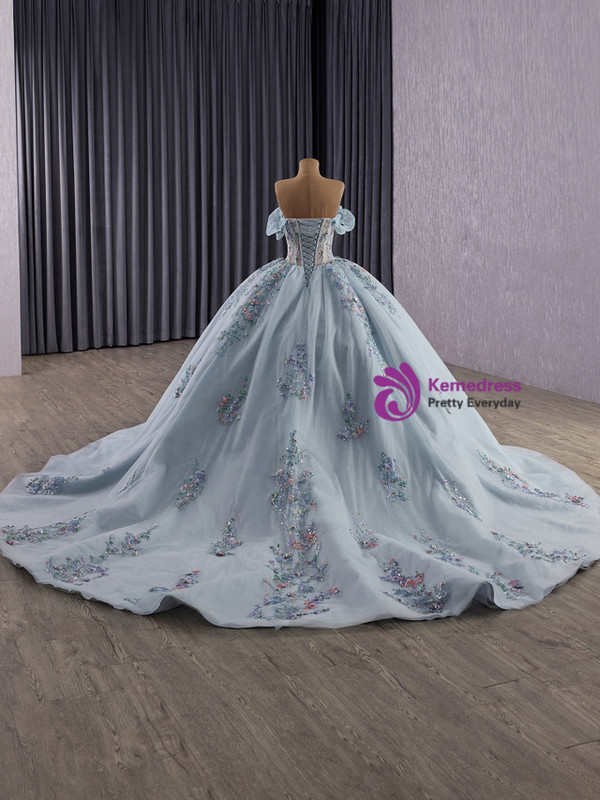 Blue Tulle Off the Shoulder Appliques Prom Dress
