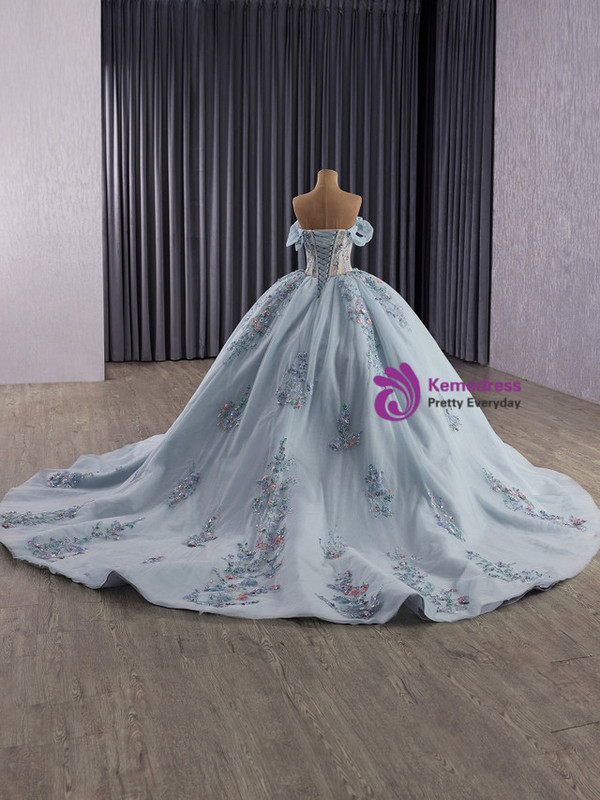 Blue Tulle Off the Shoulder Appliques Prom Dress