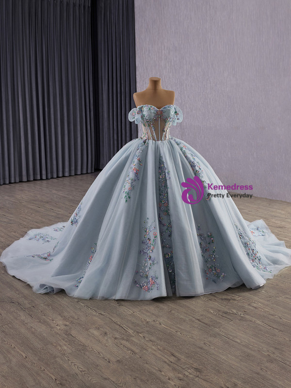 Blue Tulle Off the Shoulder Appliques Prom Dress