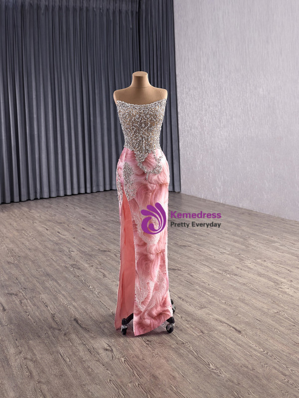 Pink Mermaid Strapless Tulle Crystal Split Prom Dress