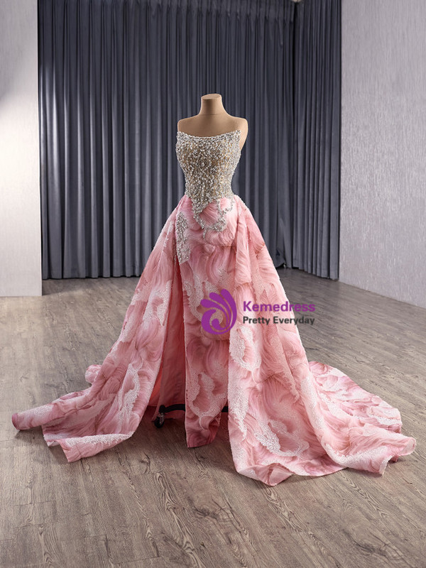 Pink Mermaid Strapless Tulle Crystal Split Prom Dress