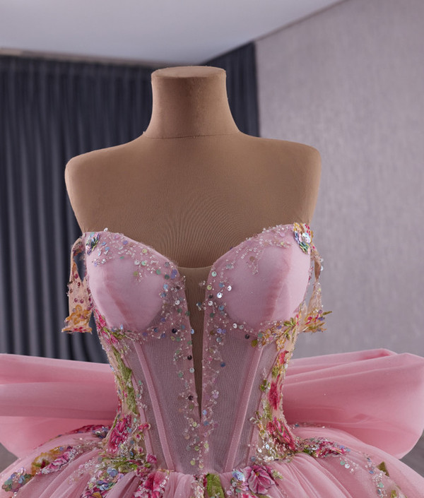 Pink Tulle Sequins Appliques Strapless Bow Prom Dress