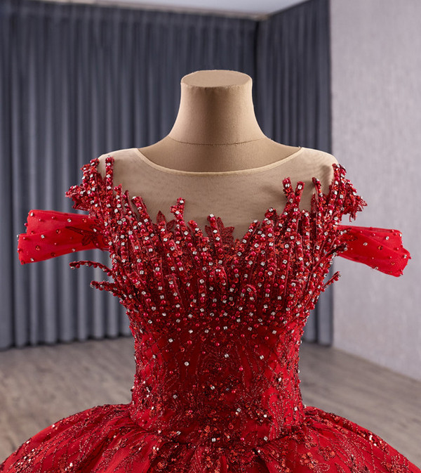 Red Ball Gown Sequins Beading Prom Dress