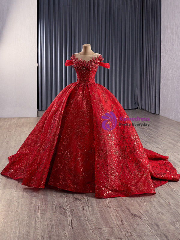 Red Ball Gown Sequins Beading Prom Dress