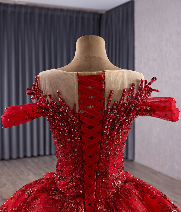 Red Ball Gown Sequins Beading Prom Dress