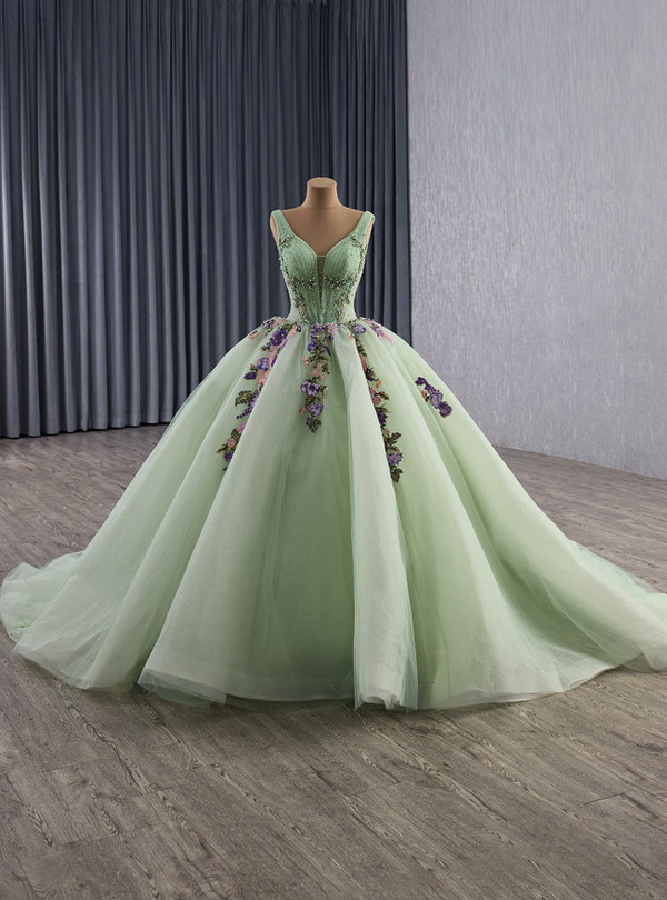 Green Tulle V-neck Appliques Pearls Prom Dress