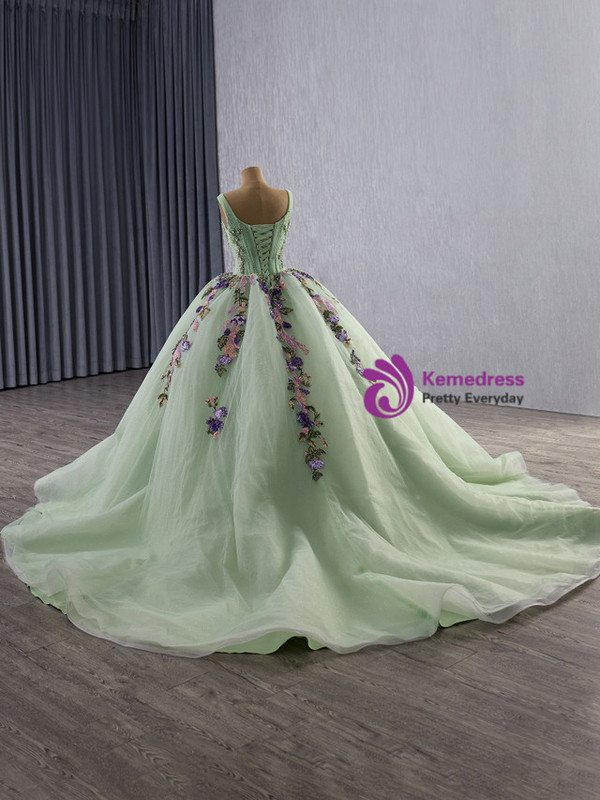 Green Tulle V-neck Appliques Pearls Prom Dress