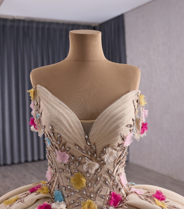 Champagne Ball Gown Tulle Strapless Colorful Flower Prom Dress