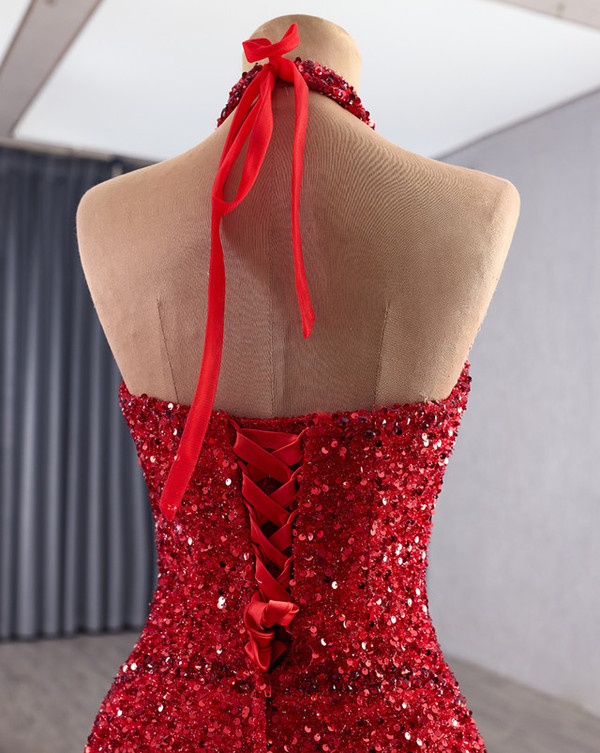 Sexy Red Mermaid Sequins Halter Bow Prom Dress