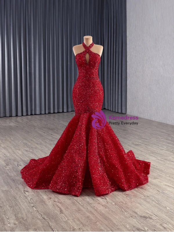 Sexy Red Mermaid Sequins Halter Bow Prom Dress