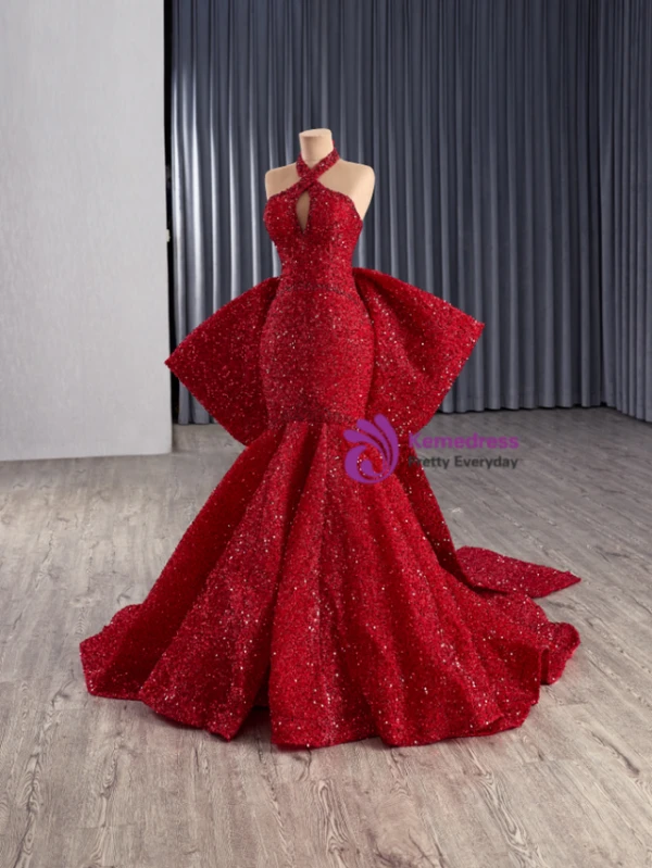 Sexy Red Mermaid Sequins Halter Bow Prom Dress