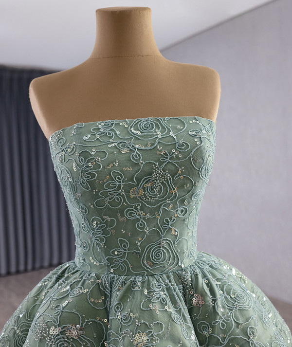 Green Tulle Lace Strapless Prom Dress