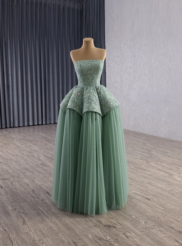 Green Tulle Lace Strapless Prom Dress