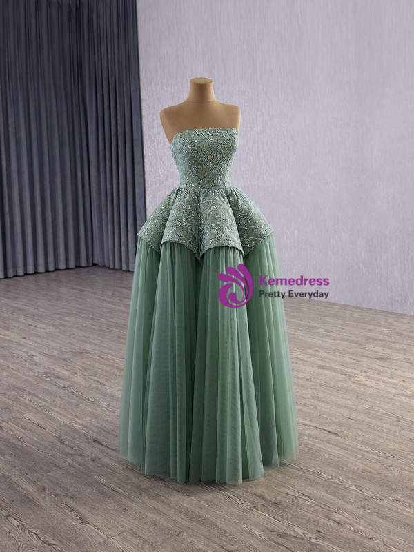 Green Tulle Lace Strapless Prom Dress