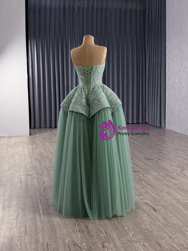 Green Tulle Lace Strapless Prom Dress
