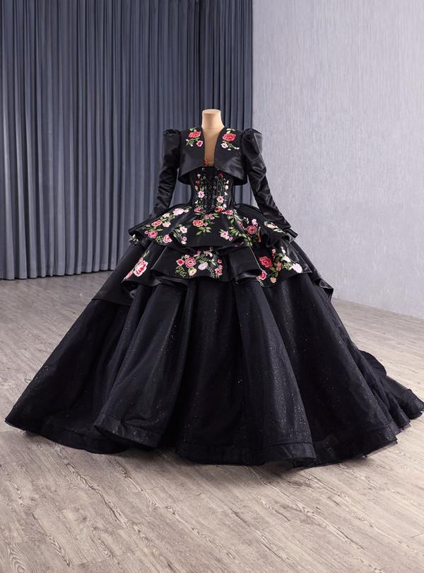 Black Satin Sequins Embroidery Appliques Prom Dress With Jacket