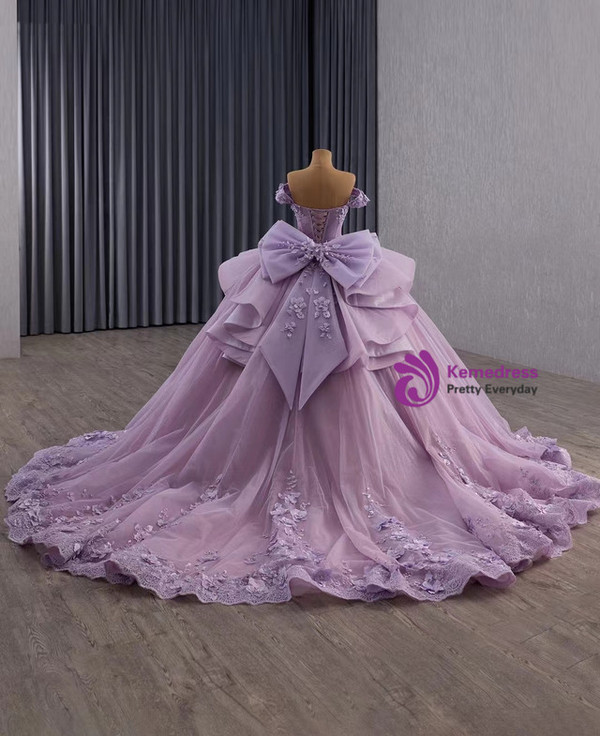 Purple Tulle Off the Shoulder Appliques Prom Dress