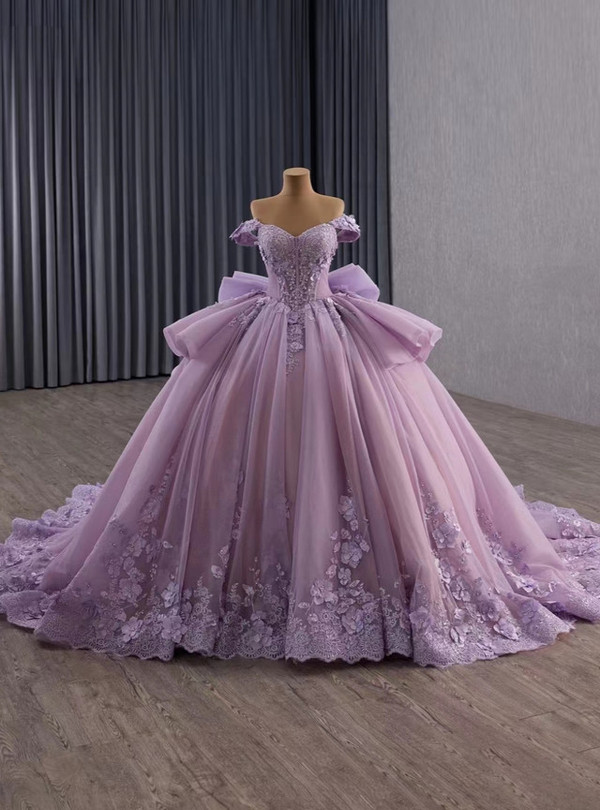 Purple Tulle Off the Shoulder Appliques Prom Dress