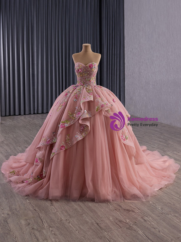 Pink Tulle Strapless Appliques Prom Dress With Jacket