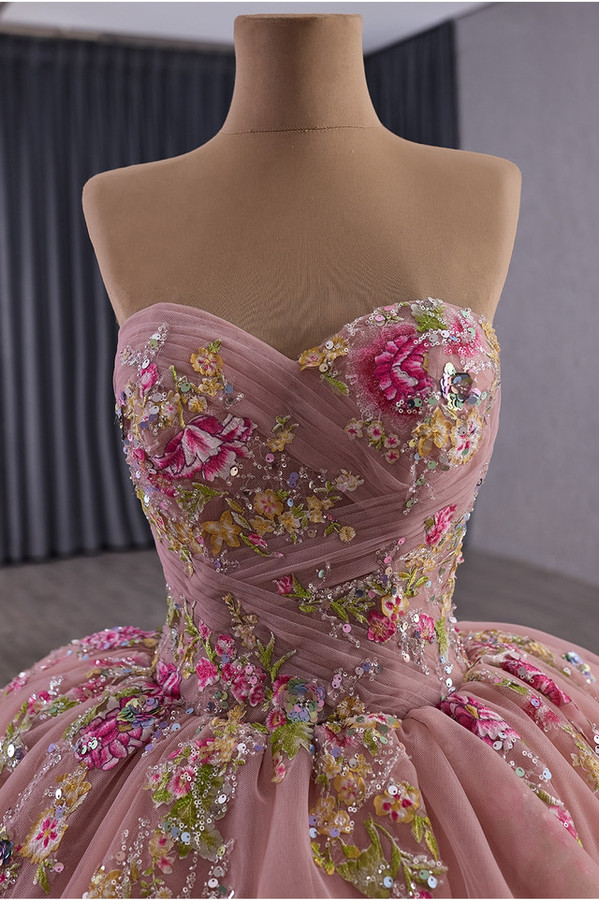 Pink Tulle Strapless Appliques Prom Dress With Jacket