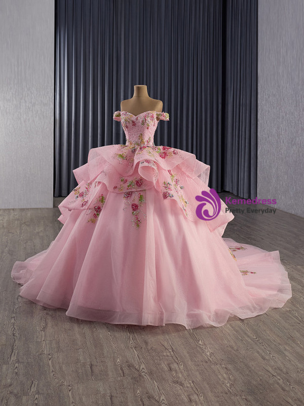 Pink Tulle Lace Appliques Sequins Prom Dress