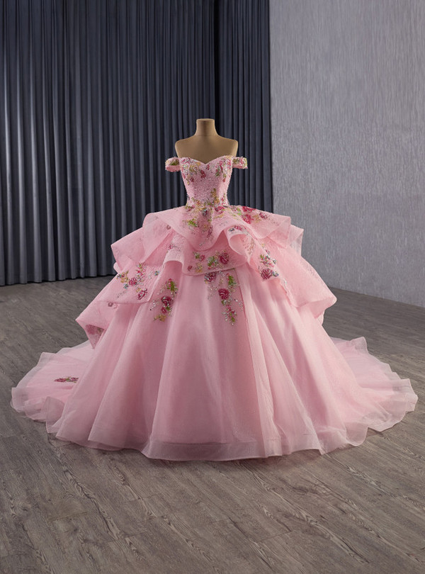 Pink Tulle Lace Appliques Sequins Prom Dress
