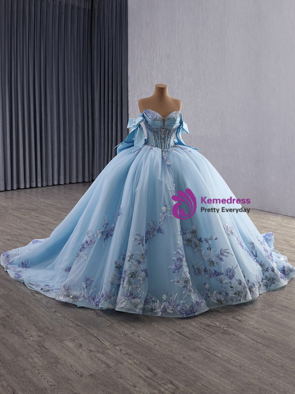 Light Blue Ball Gown Tulle Off the Shoulder Appliques Prom Dress