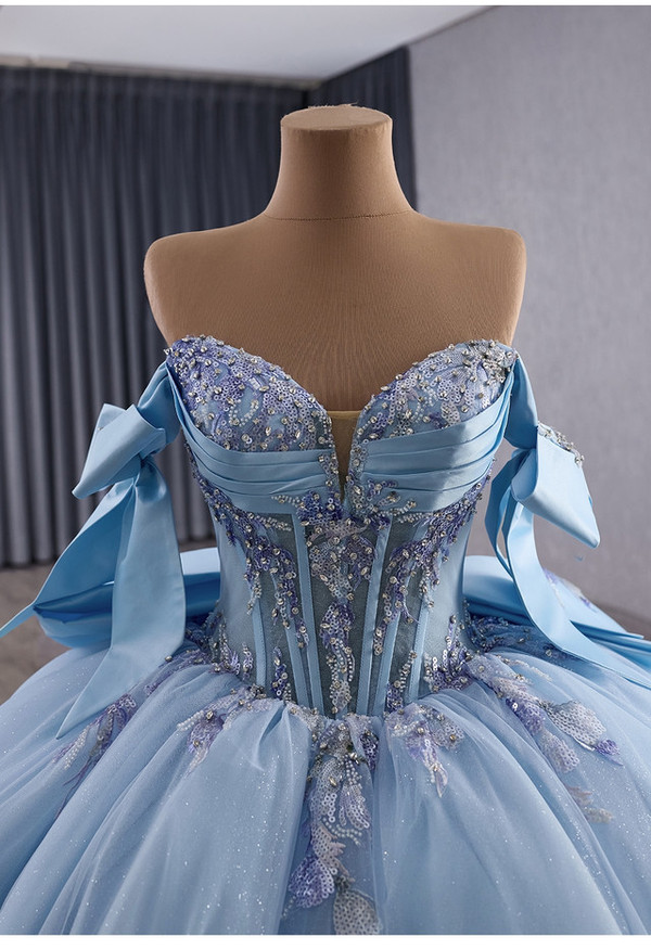 Light Blue Ball Gown Tulle Off the Shoulder Appliques Prom Dress