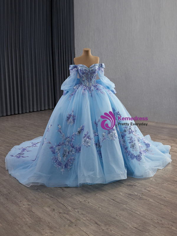Light Blue Tulle Long Sleeve Sequins Appliques Prom Dress
