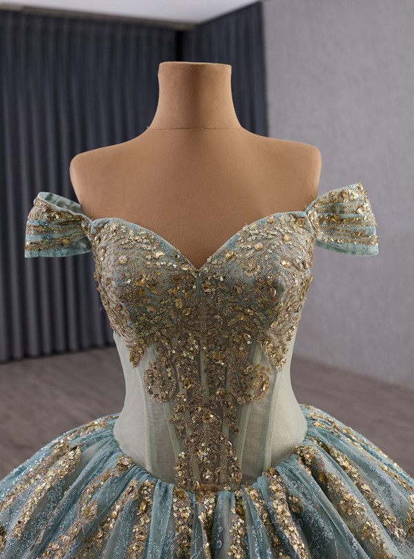Green Ball Gown Blue Tulle Sequins Prom Dress