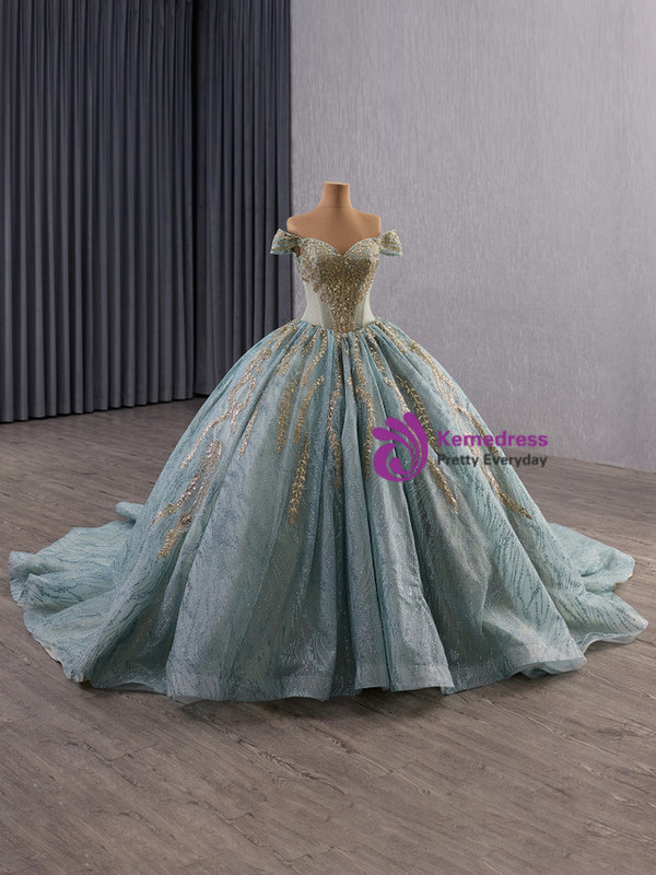 Green Ball Gown Blue Tulle Sequins Prom Dress