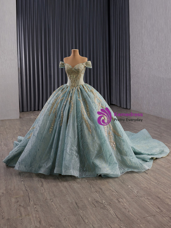 Green Ball Gown Blue Tulle Sequins Prom Dress