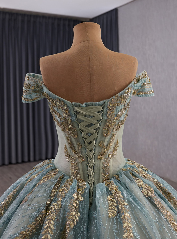 Green Ball Gown Blue Tulle Sequins Prom Dress