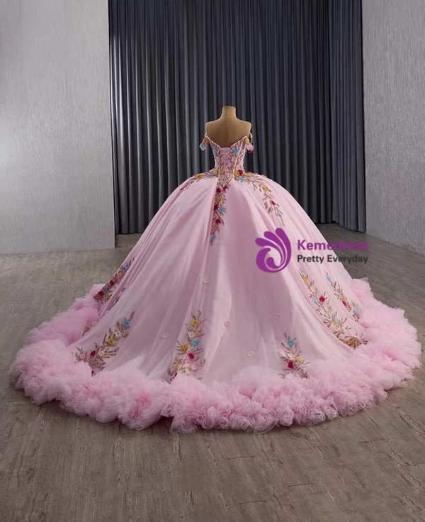Pink Tulle Sequins Appliques Pleats Prom Dress