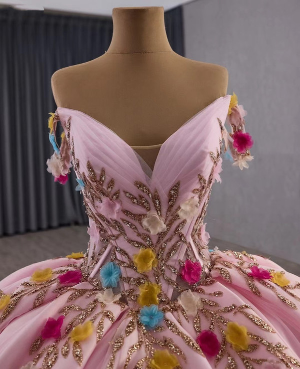 Pink Tulle Sequins Appliques Pleats Prom Dress