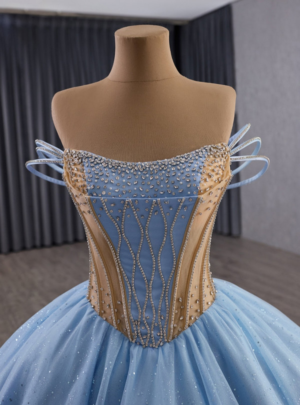 Blue Tulle Sequins Beading Prom Dress