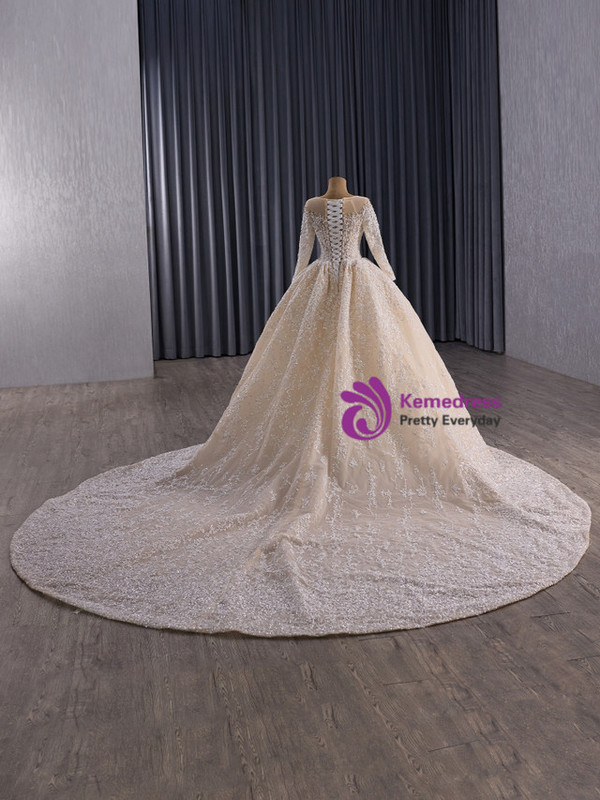 Champagne Tulle Sequins Long Sleeve Prom Dress