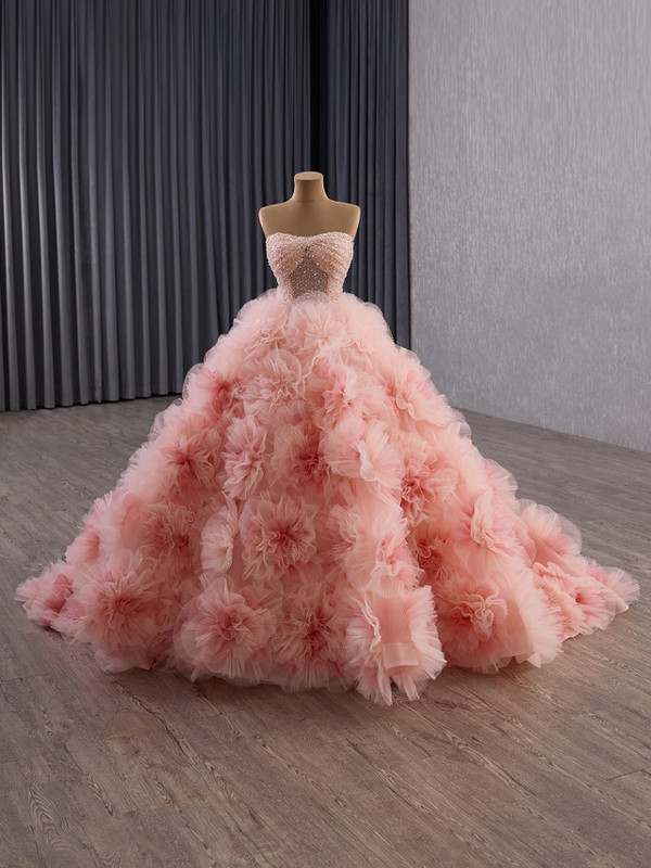 Pink Ball Gown Tulle 3D Flower Sequins Beading Prom Dress