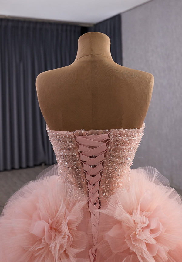 Pink Ball Gown Tulle 3D Flower Sequins Beading Prom Dress