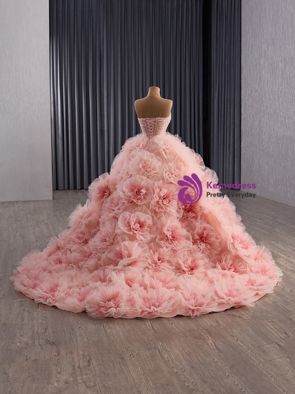 Pink Ball Gown Tulle 3D Flower Sequins Beading Prom Dress