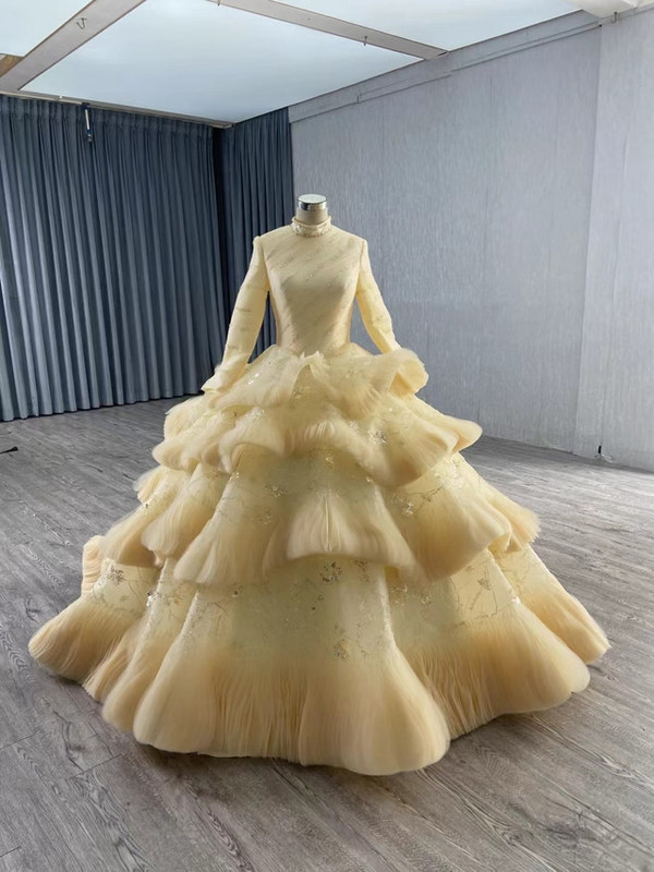 Gold Tulle Sequins Long Sleeve Pleats Tiers Prom Dress