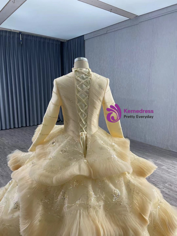 Gold Tulle Sequins Long Sleeve Pleats Tiers Prom Dress