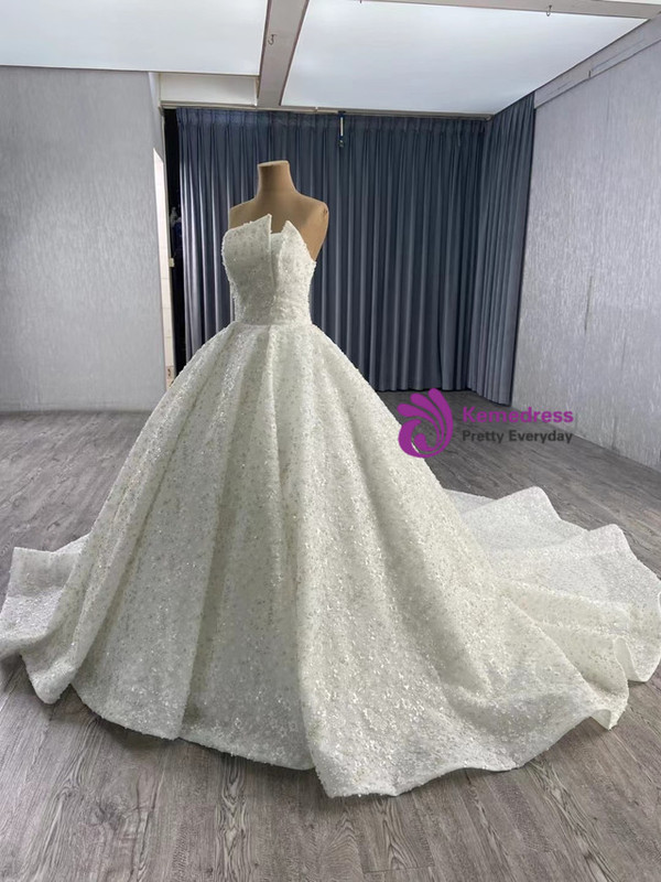White Sequins Beading Strapless Wedding Dress